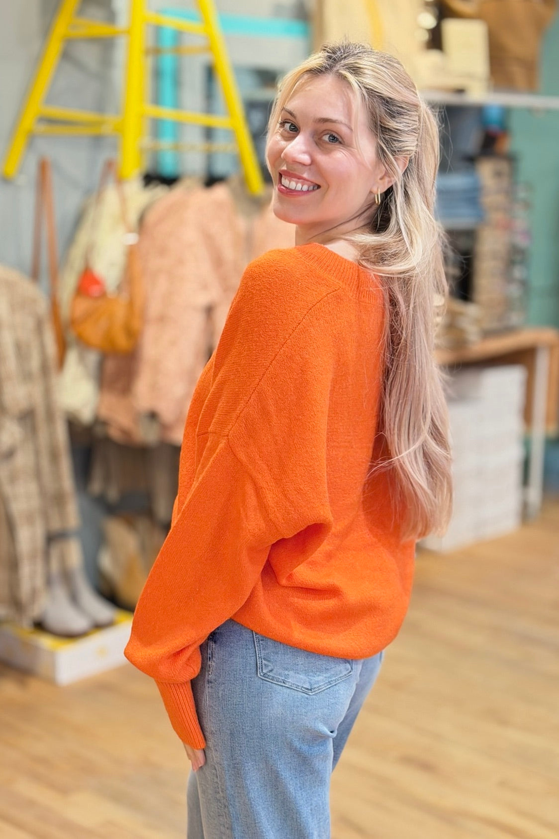 Relaxed Fit V-Neck Sweater - Orange