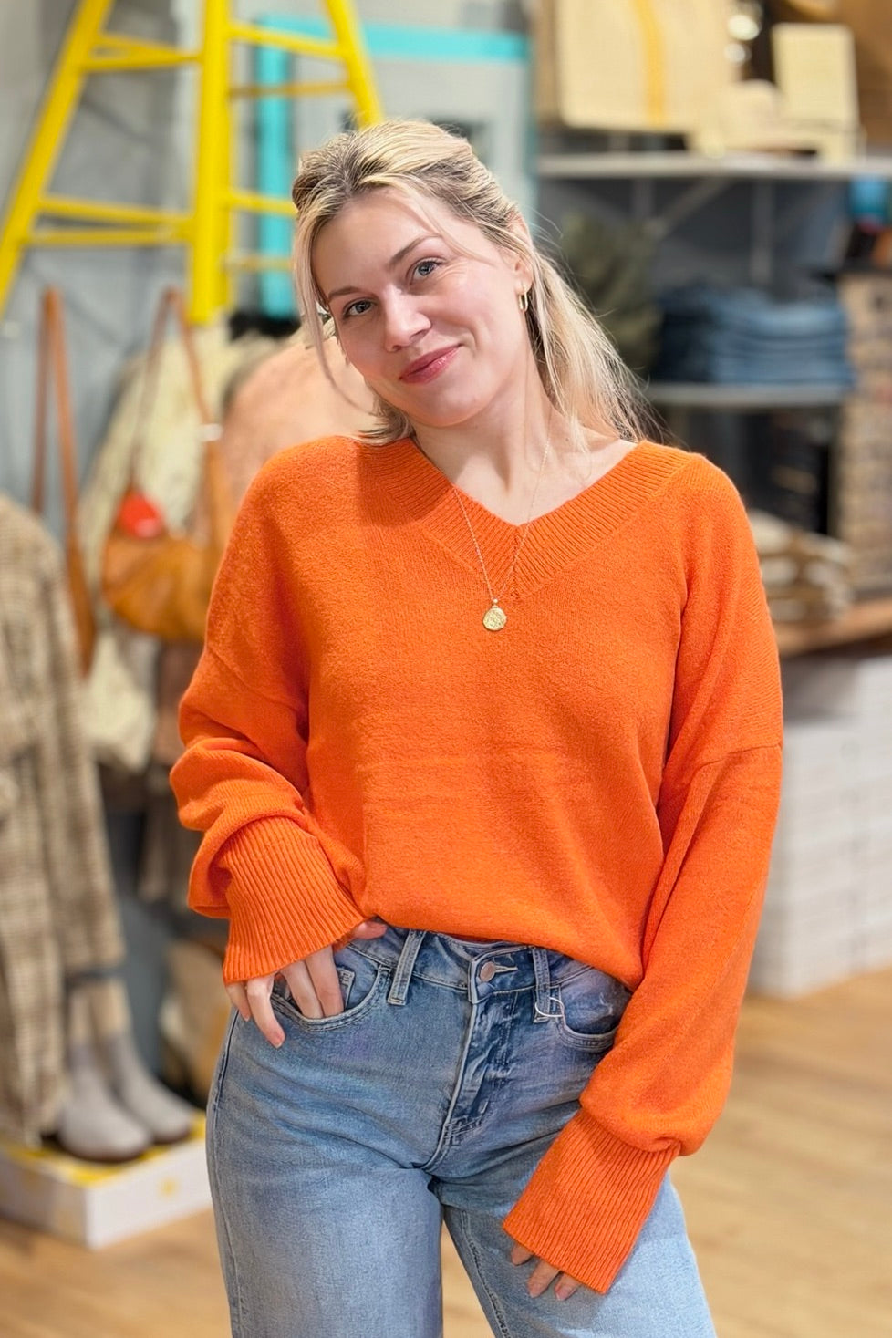 Relaxed Fit V-Neck Sweater - Orange