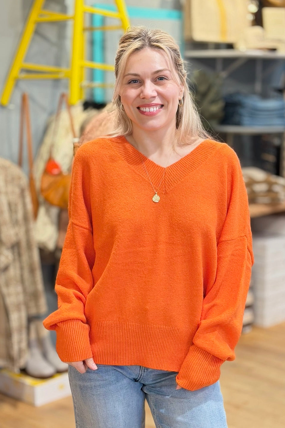 Relaxed Fit V-Neck Sweater - Orange