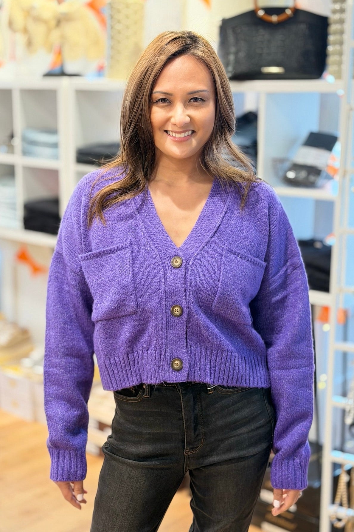 Drop Shoulder Cropped Cardigan Sweater - Wisteria