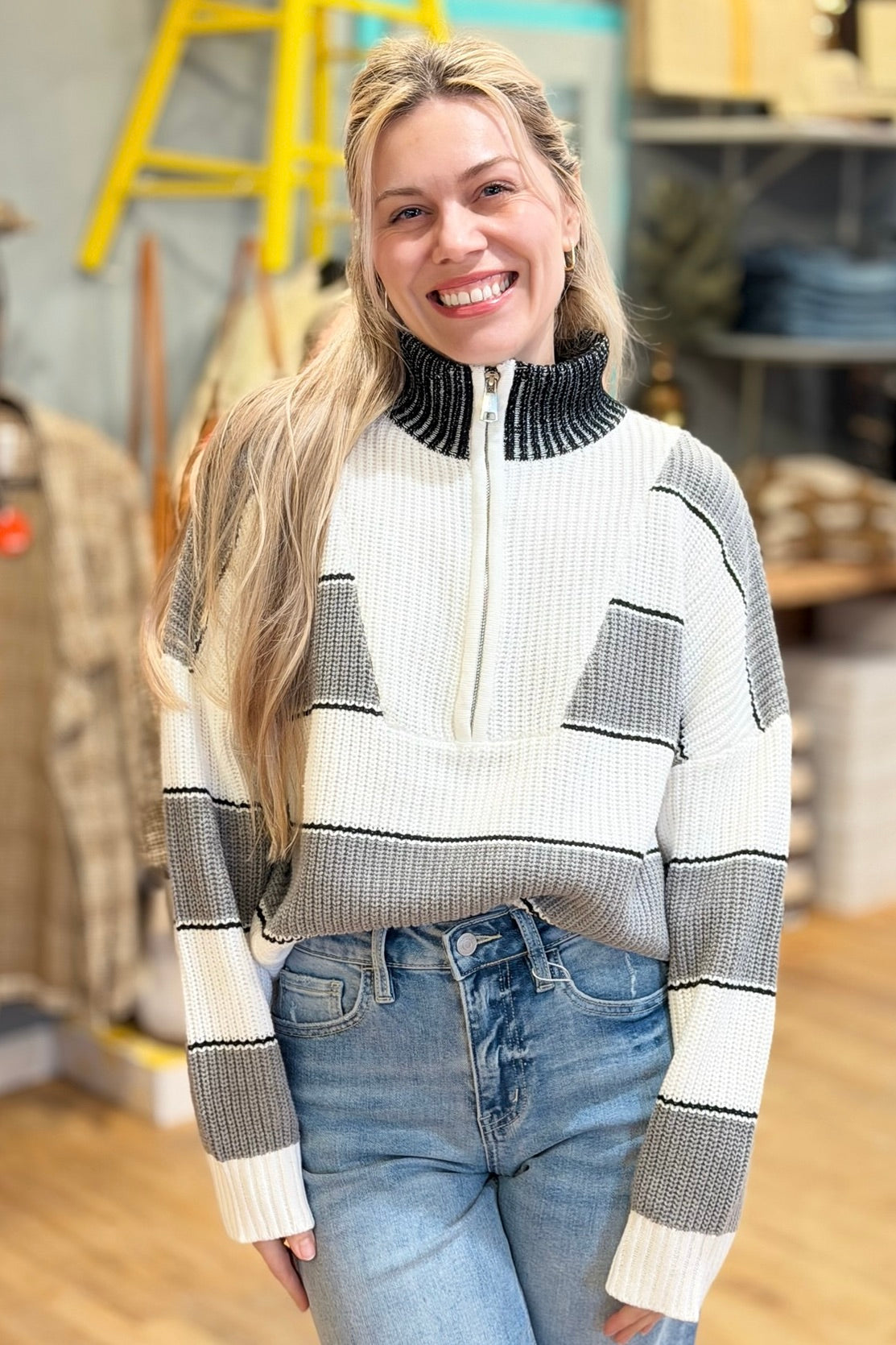 Zip Up Mock Neck Sweater - Grey