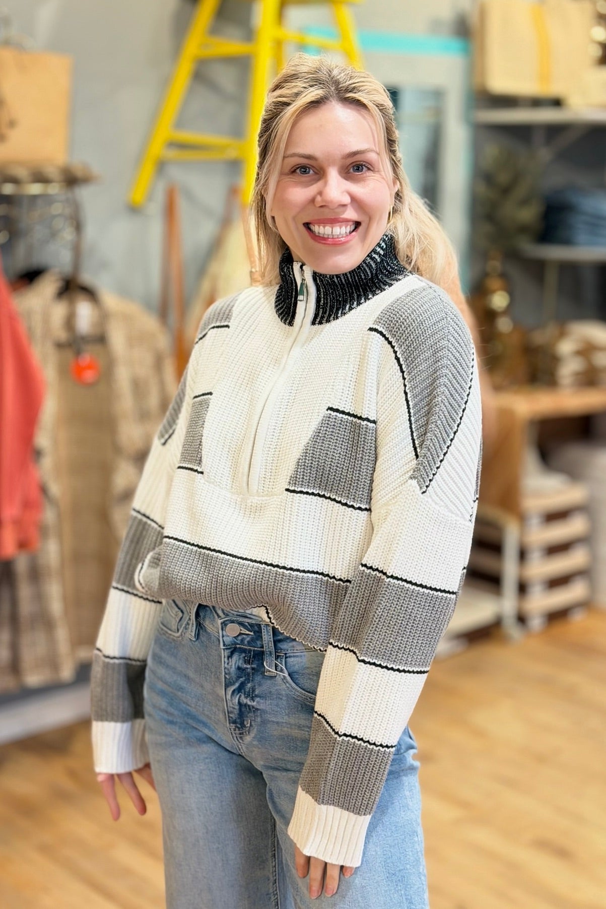 Zip Up Mock Neck Sweater - Grey