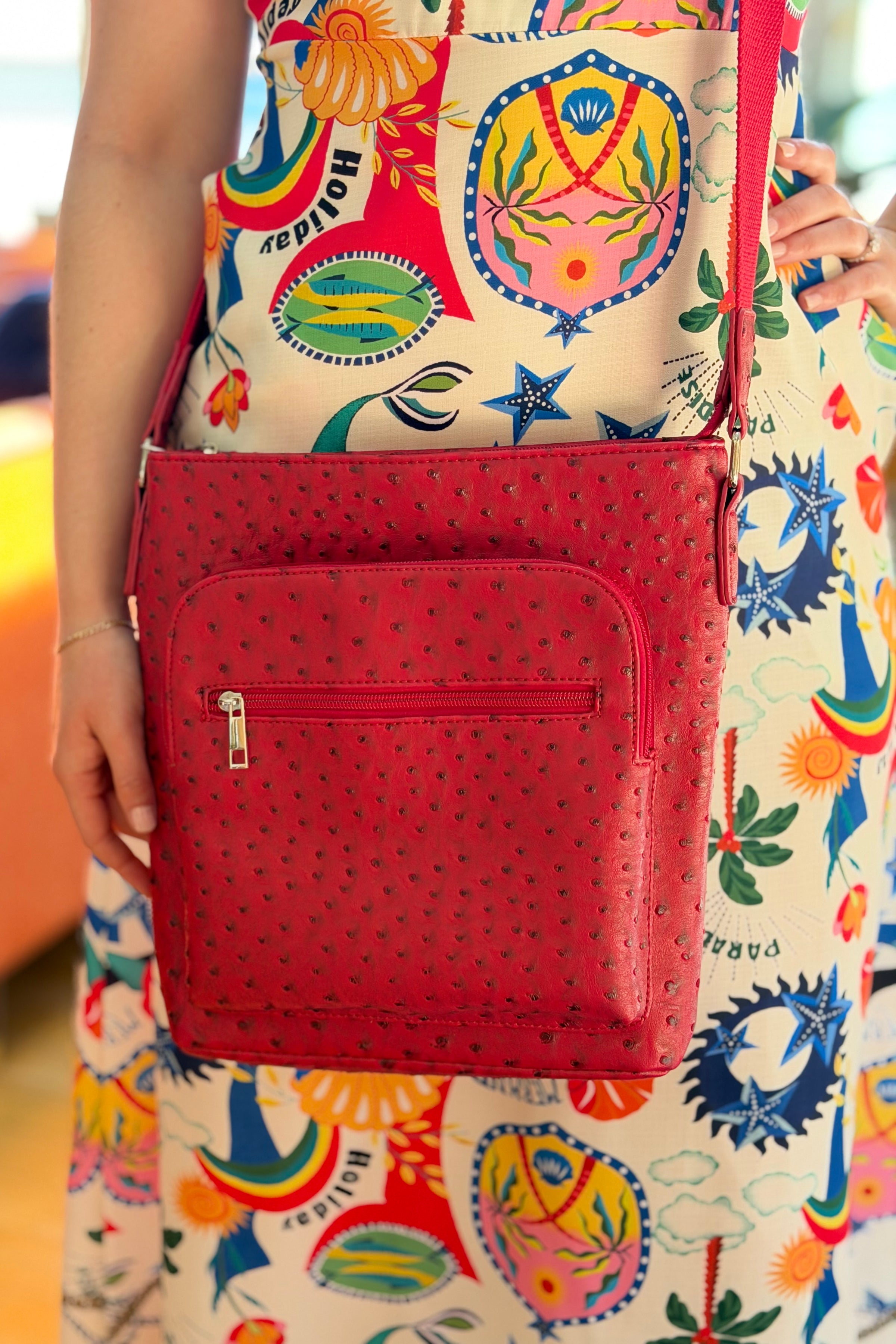 Ostrich 4 Pocket Crossbody - Red