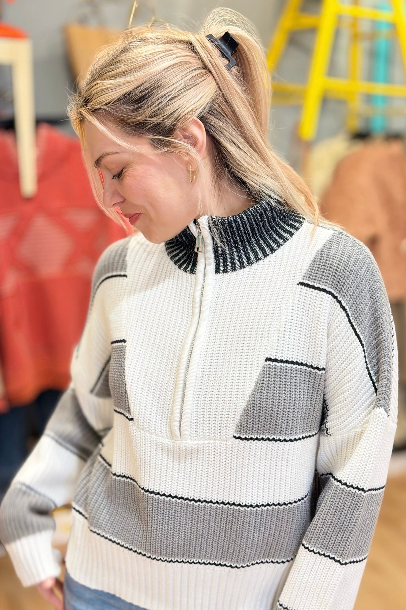 Zip Up Mock Neck Sweater - Grey