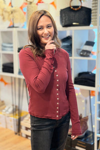 Long Sleeve Ribbed Button Down Knit Top - Wine