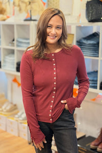 Long Sleeve Ribbed Button Down Knit Top - Wine