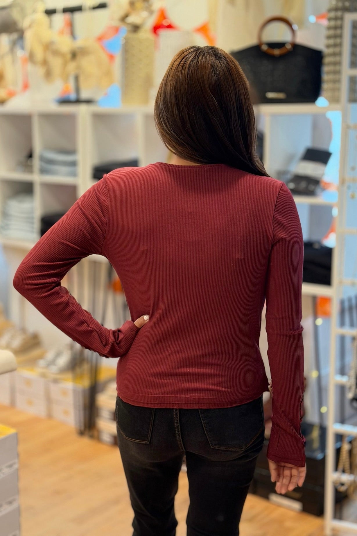 Long Sleeve Ribbed Button Down Knit Top - Wine