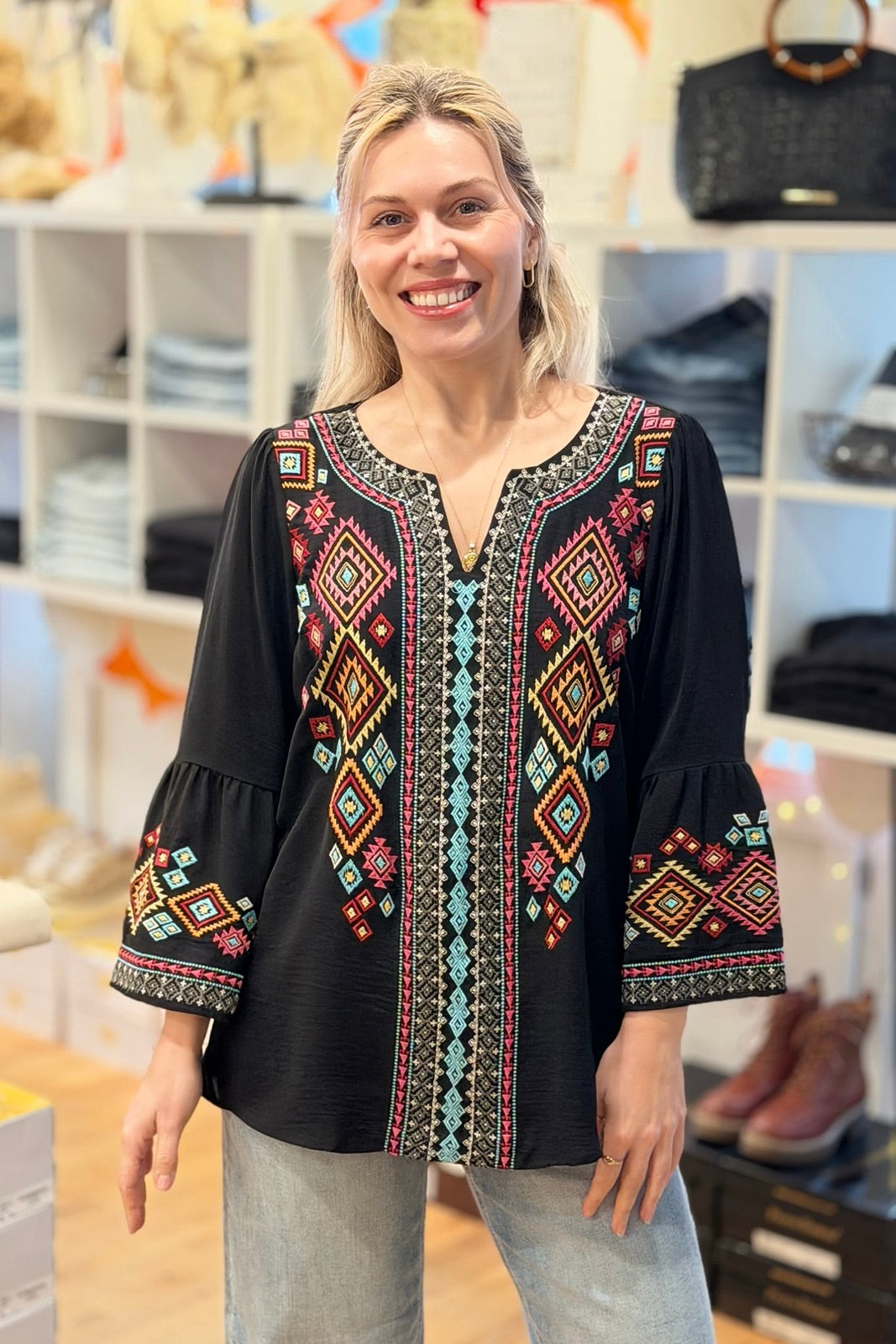 Solid Bell Embroidered Top Black