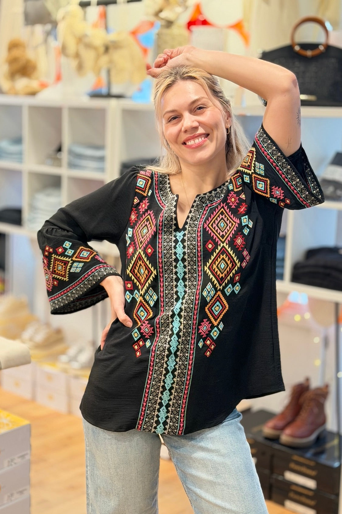 Solid Bell Embroidered Top Black