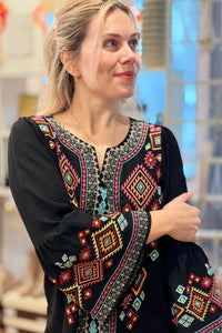 Solid Bell Embroidered Top Black