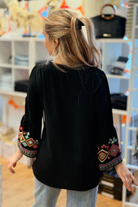 Solid Bell Embroidered Top Black