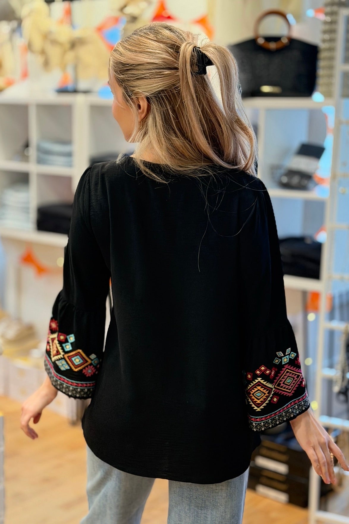 Solid Bell Embroidered Top Black