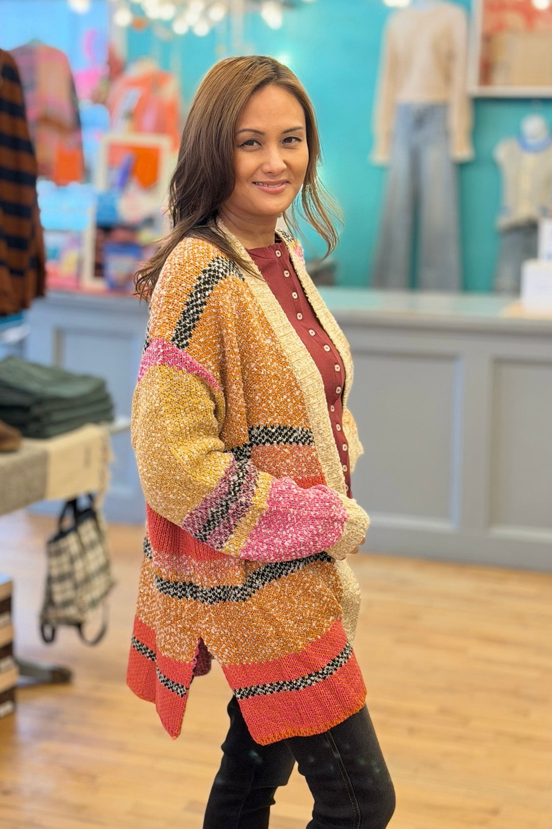 Oversized Color Block Cardigan - Mustard