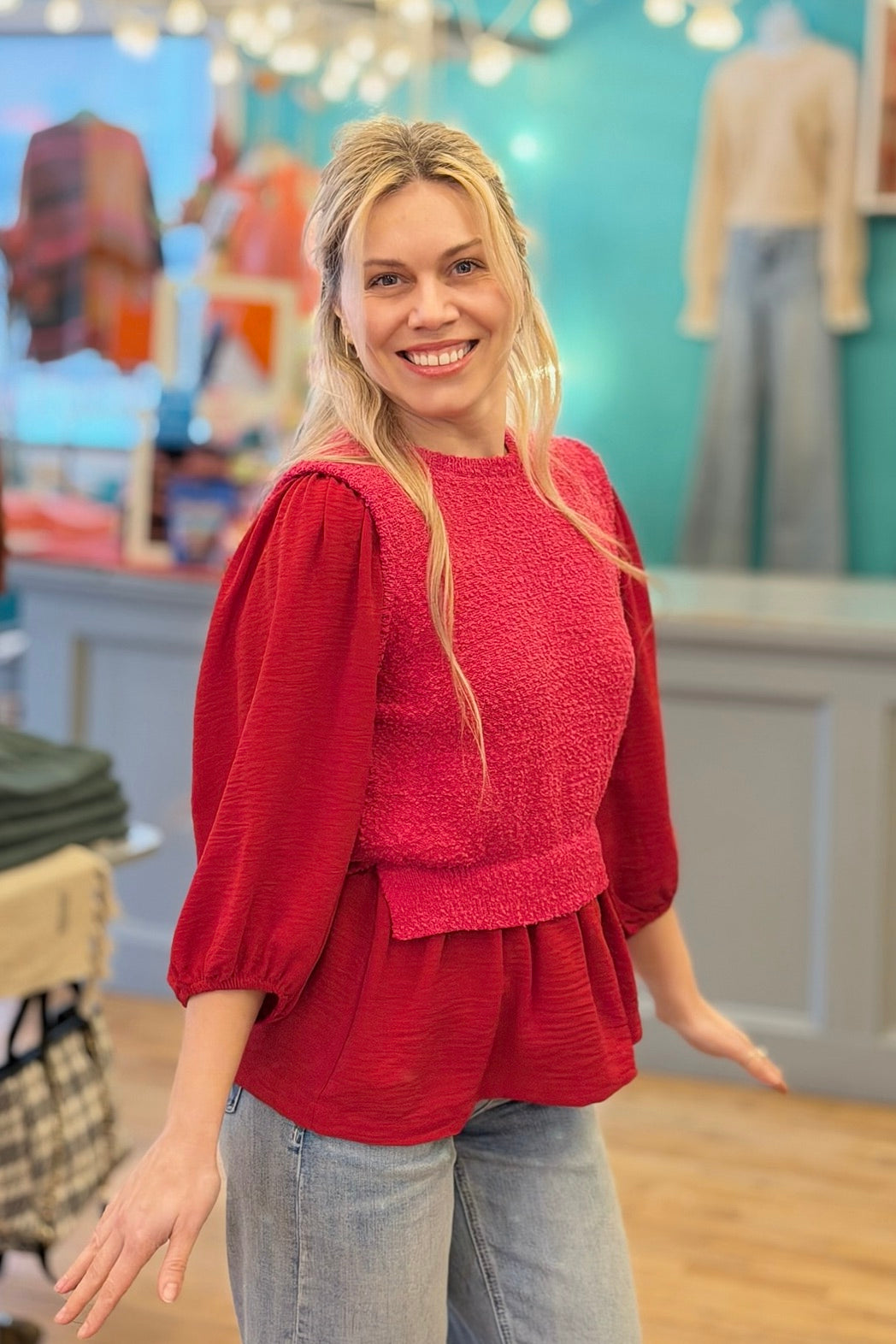 Knit & Woven Mix Top - Red