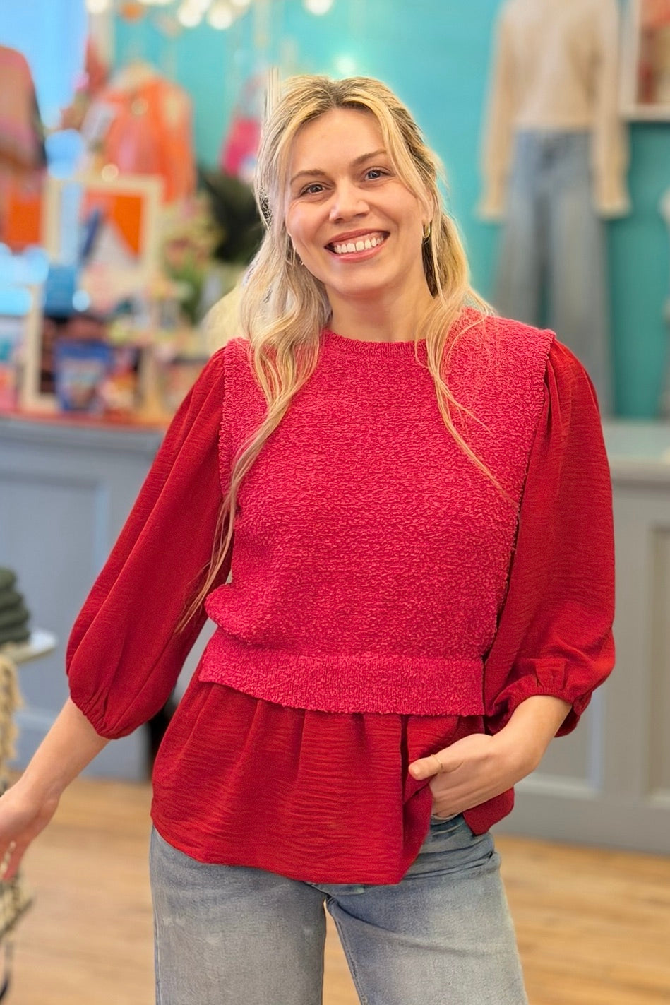 Knit & Woven Mix Top - Red