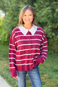 Button Down Striped Sweater - Wine