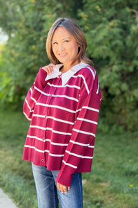 Button Down Striped Sweater - Wine