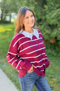 Button Down Striped Sweater - Wine