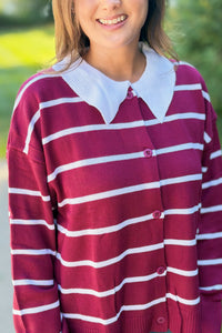 Button Down Striped Sweater - Wine