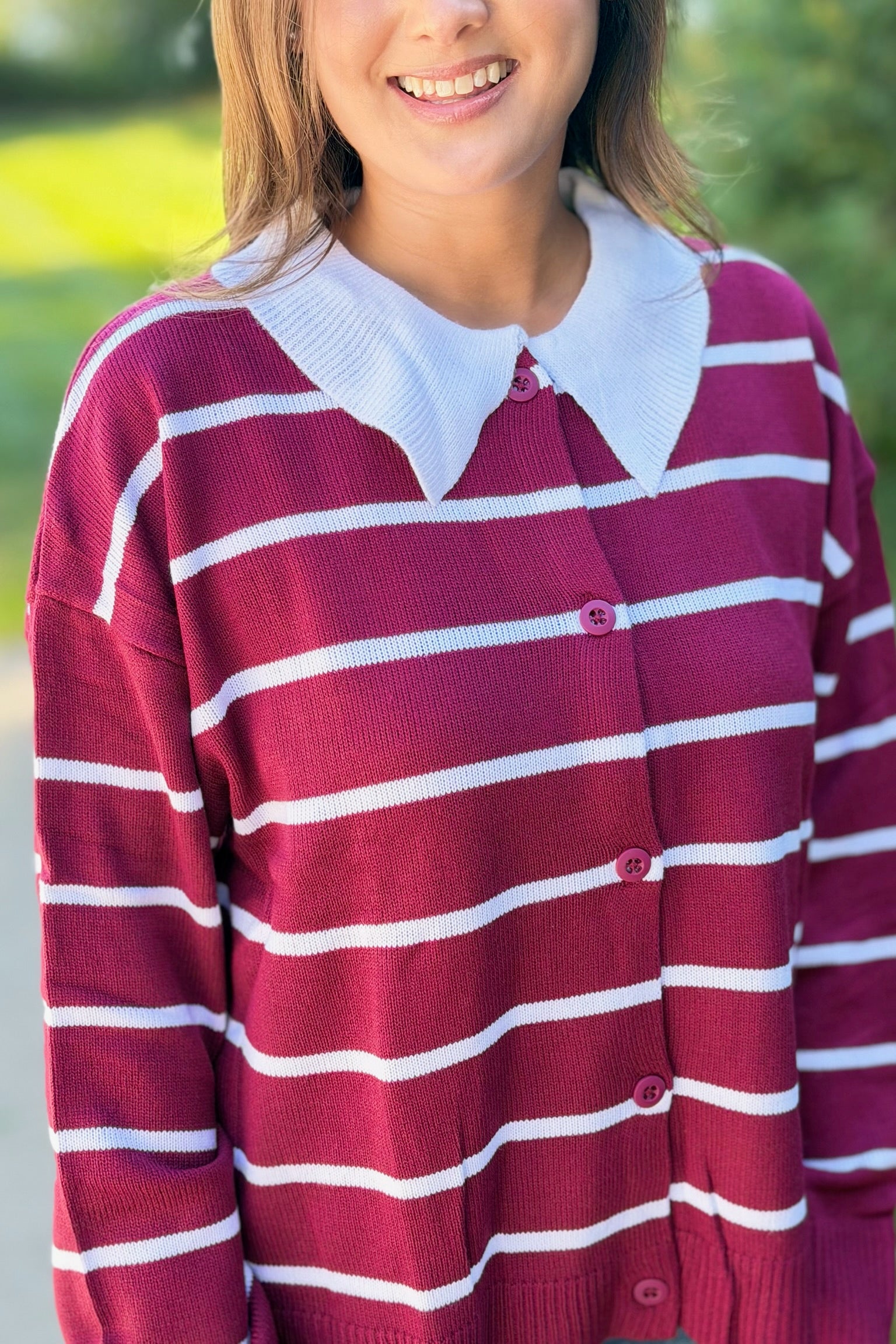 Button Down Striped Sweater - Wine