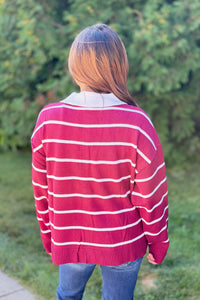 Button Down Striped Sweater - Wine