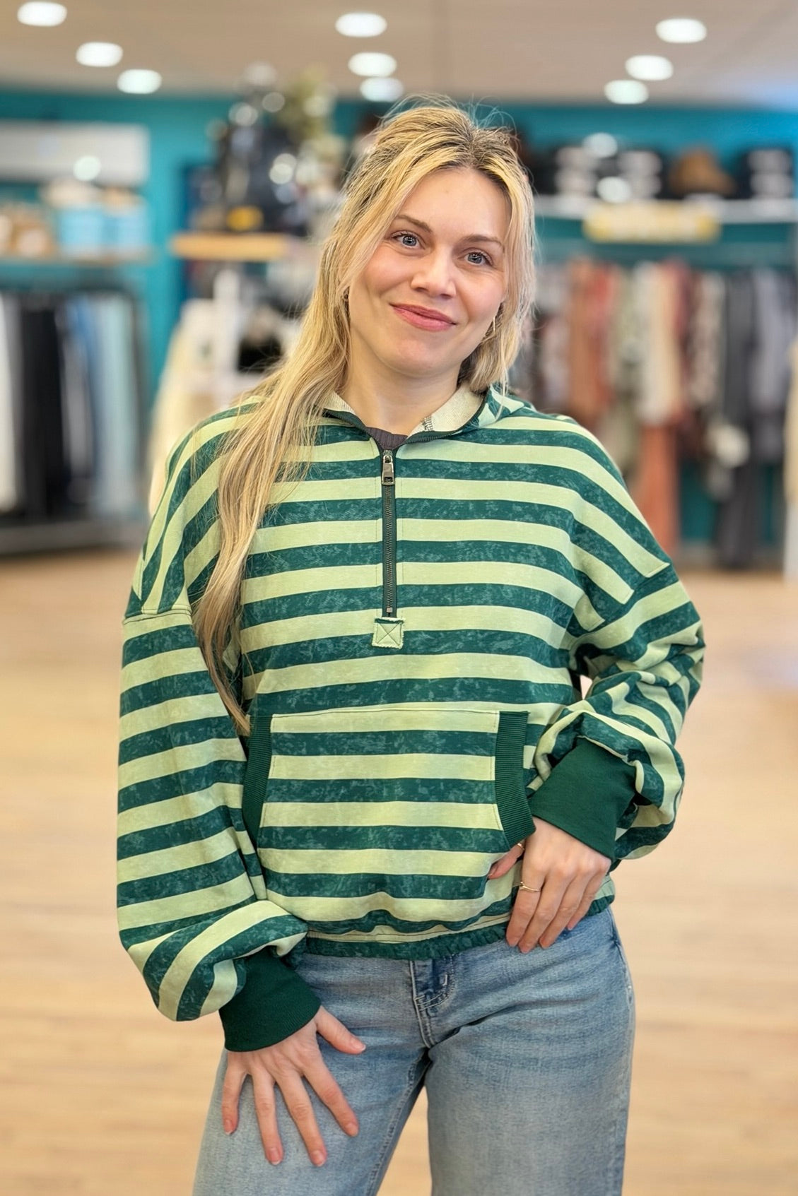 Washed Effect Stripe Hoodie - Green