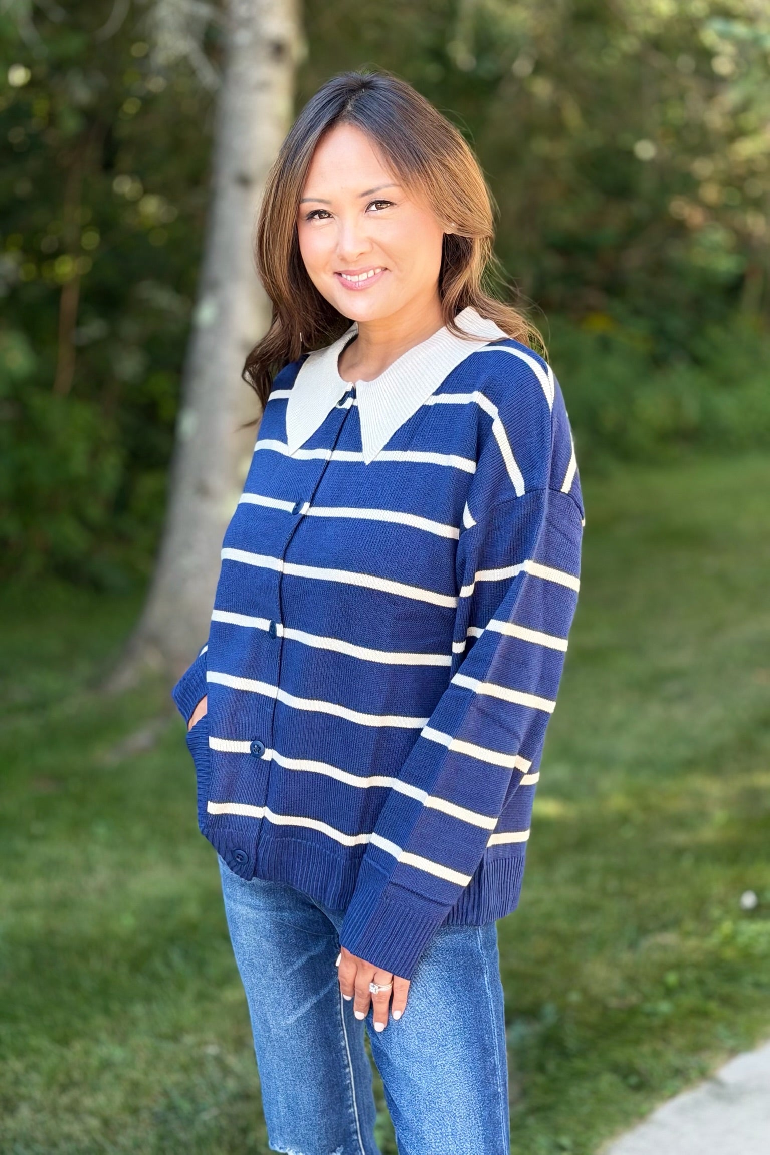 Button Down Striped Sweater - Navy