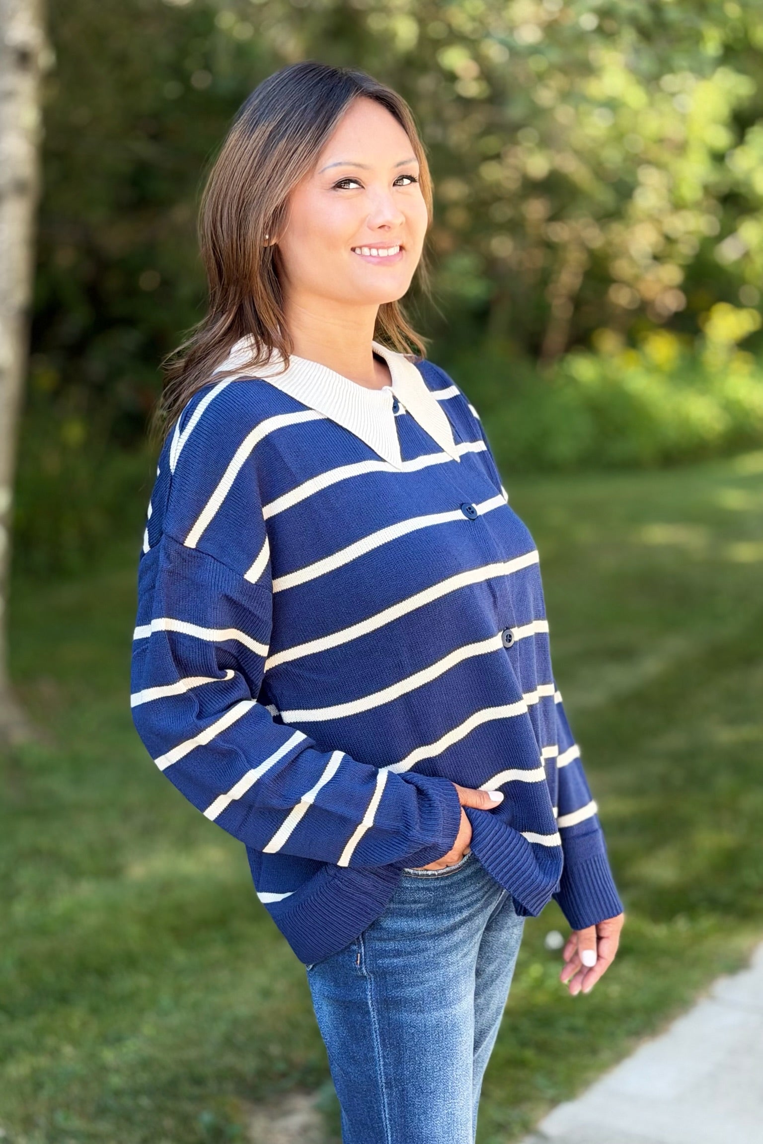 Button Down Striped Sweater - Navy