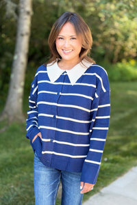 Button Down Striped Sweater - Navy