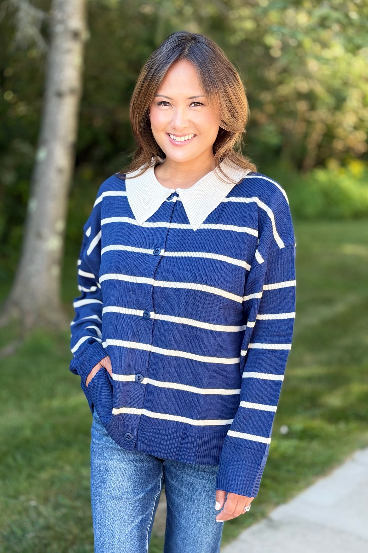 Button Down Striped Sweater - Navy