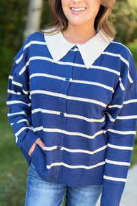 Button Down Striped Sweater - Navy