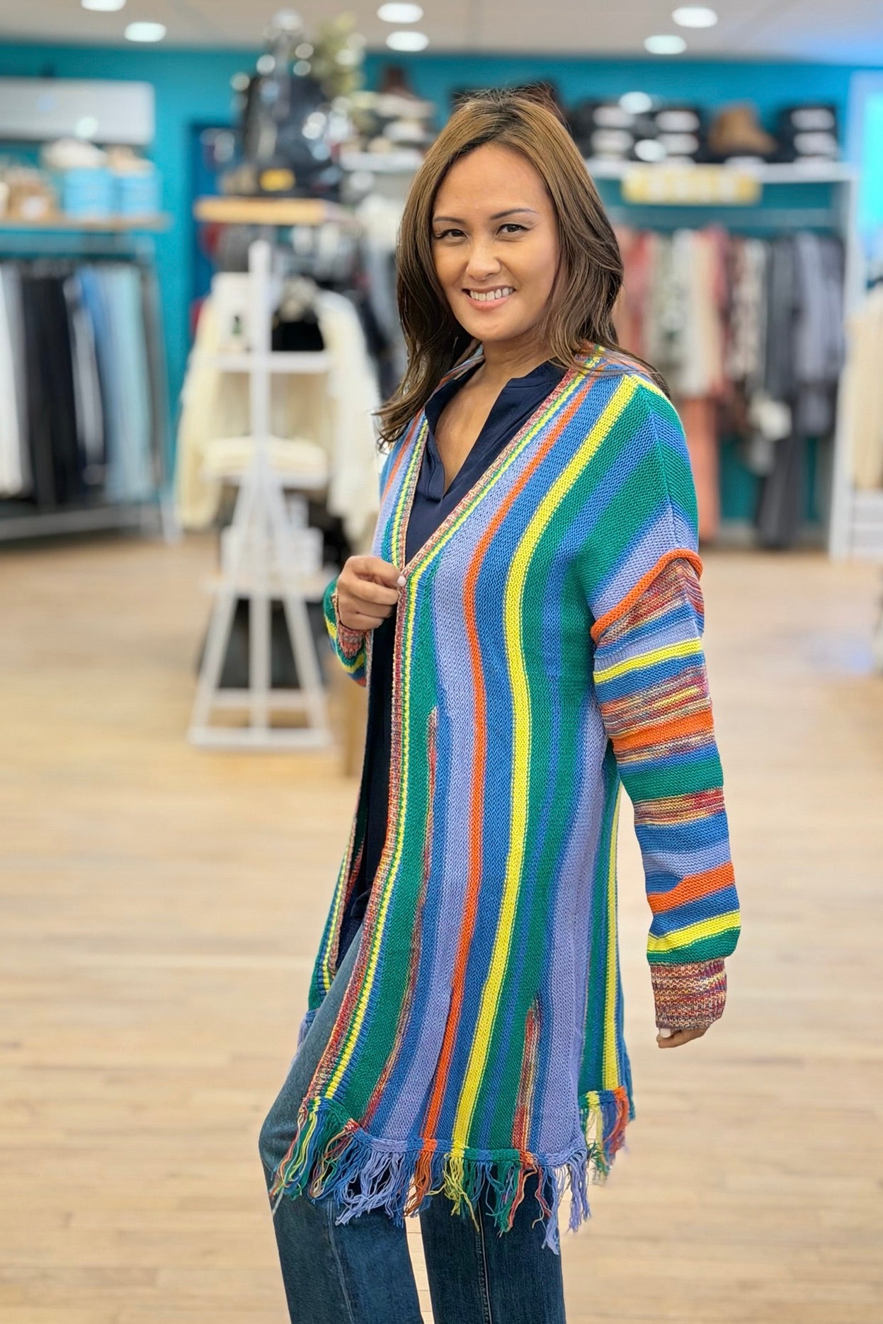 Fringe Rainbow Cardigan - Green