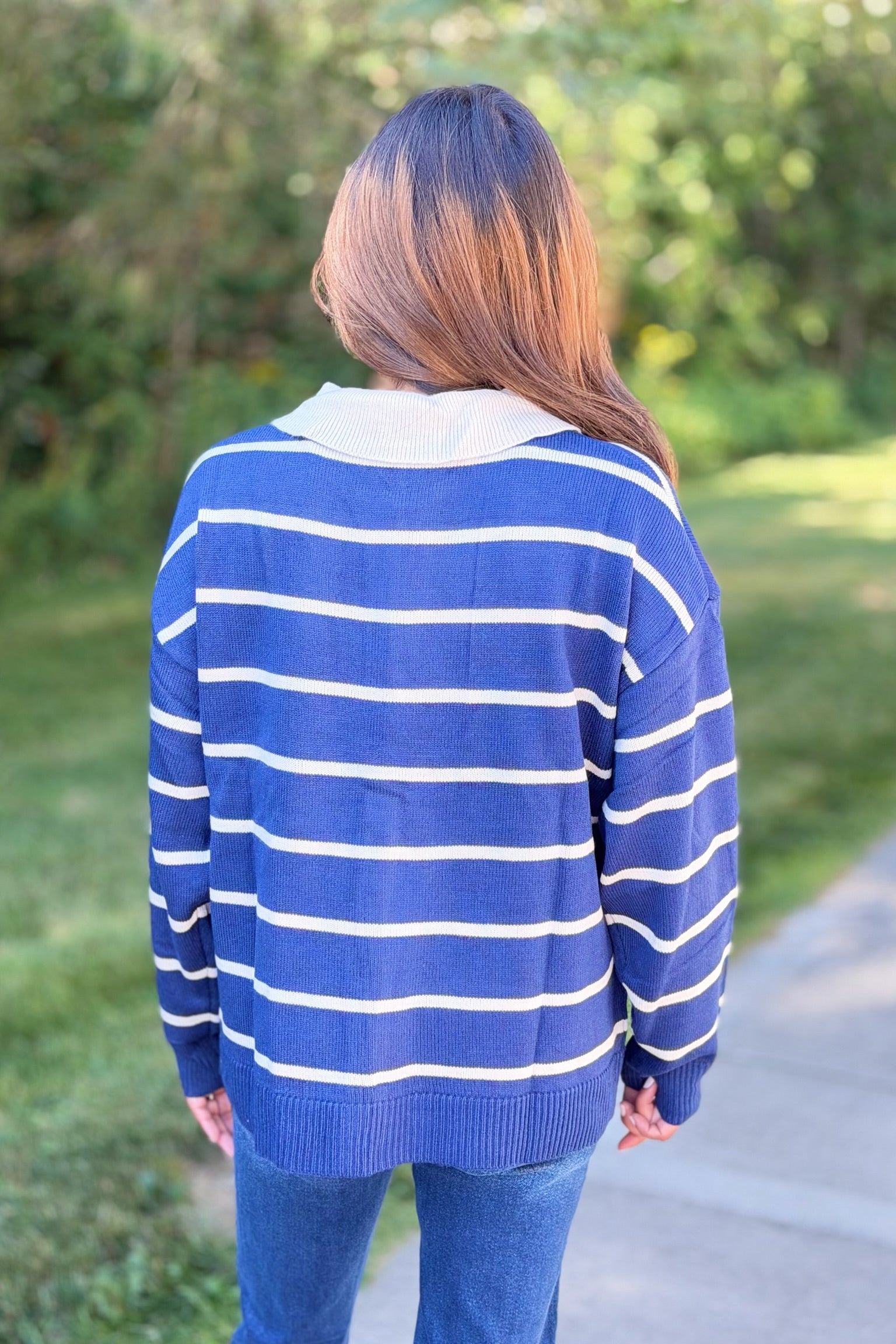Button Down Striped Sweater - Navy