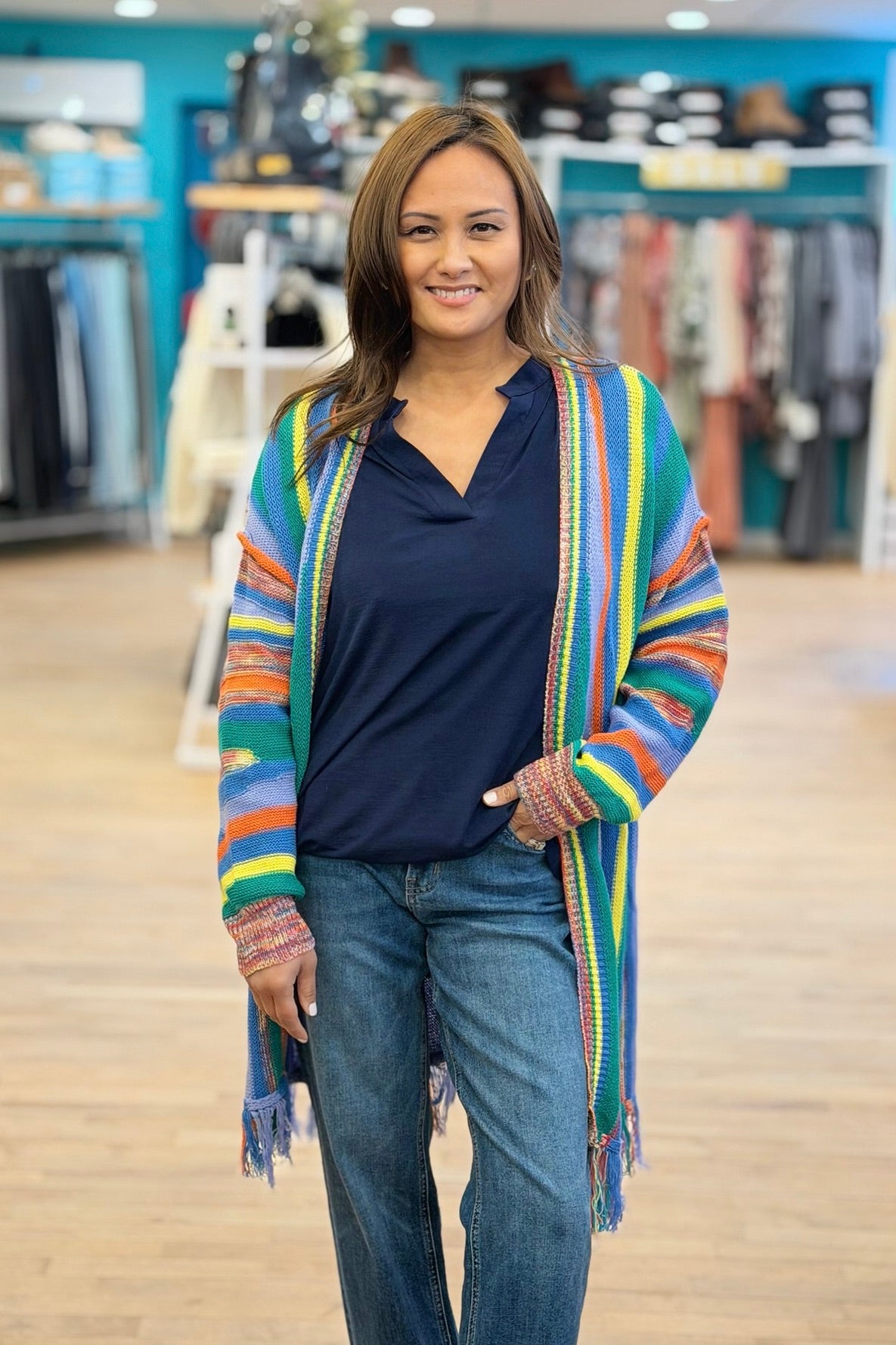 Fringe Rainbow Cardigan - Green