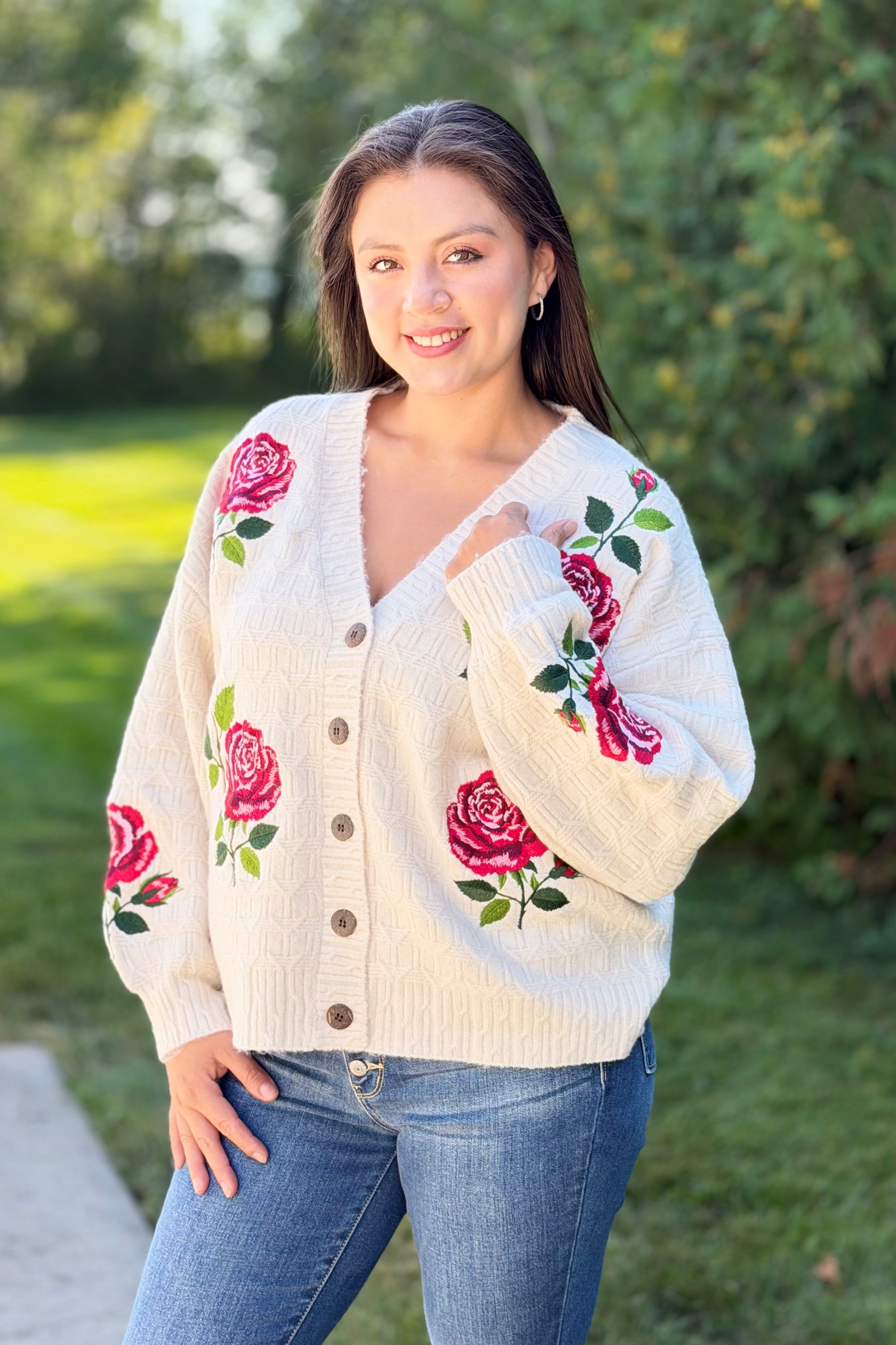 Elegant Rose Embroidered Cardigan