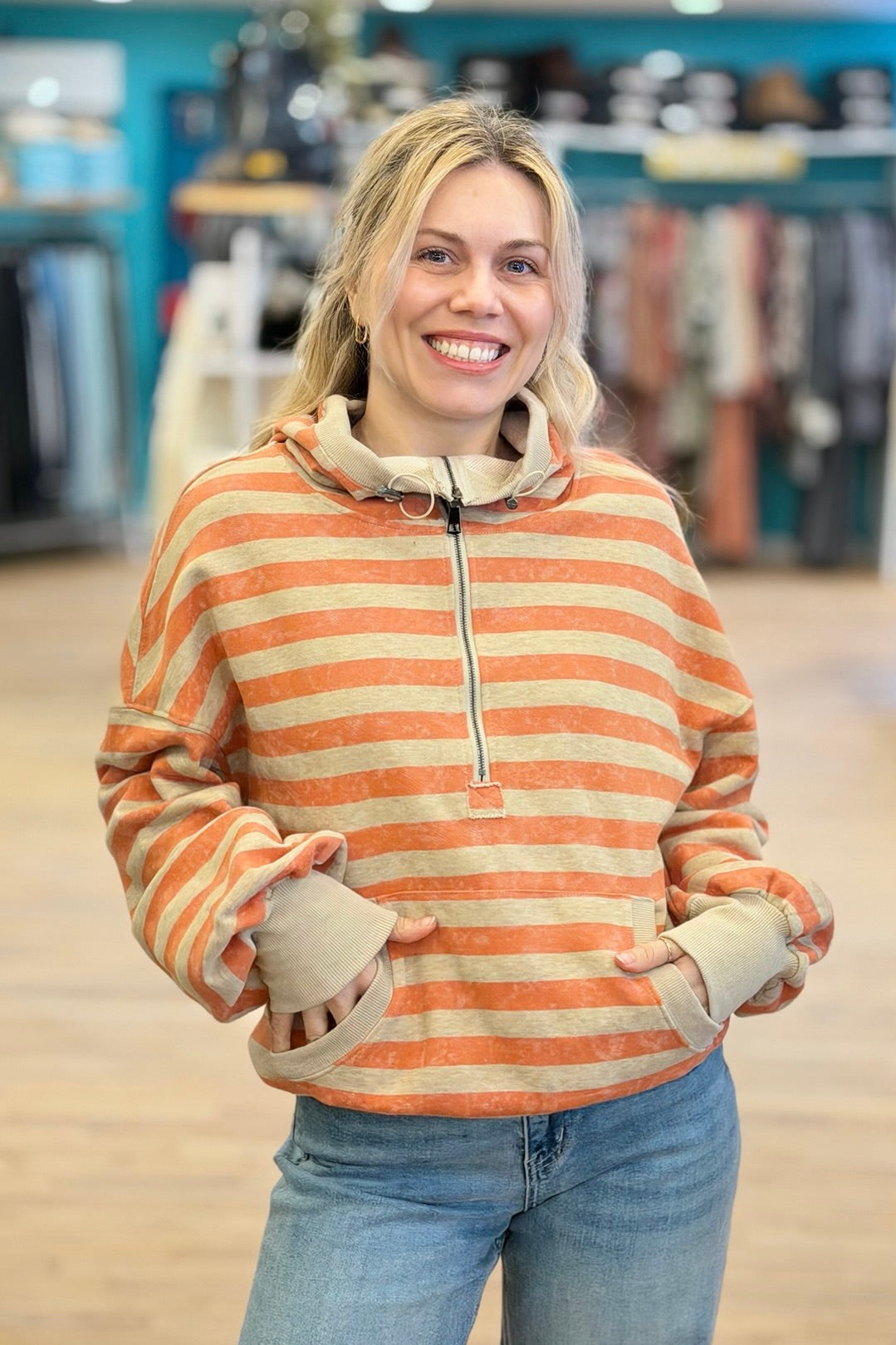 Washed Effect Stripe Hoodie - Orange