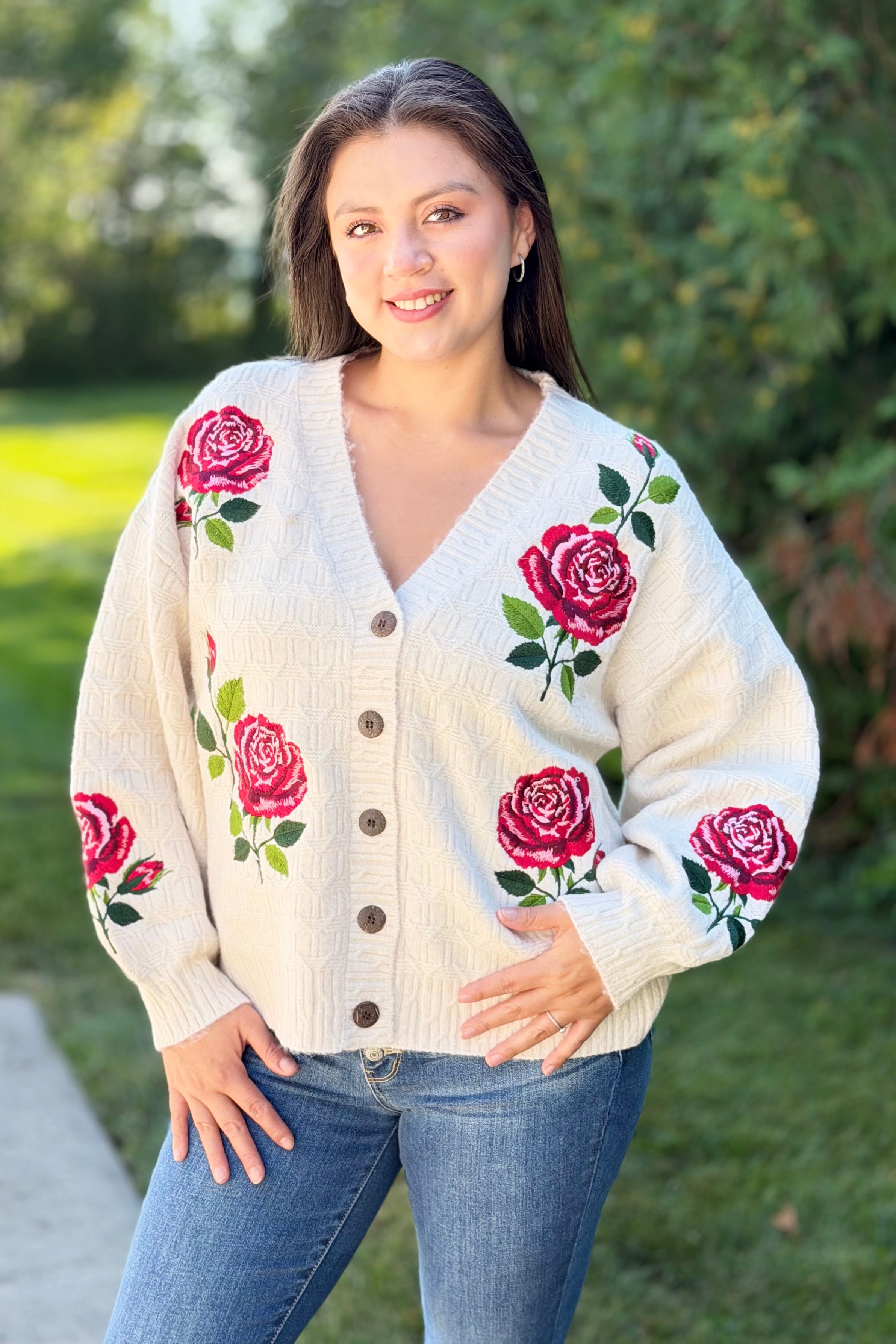 Elegant Rose Embroidered Cardigan
