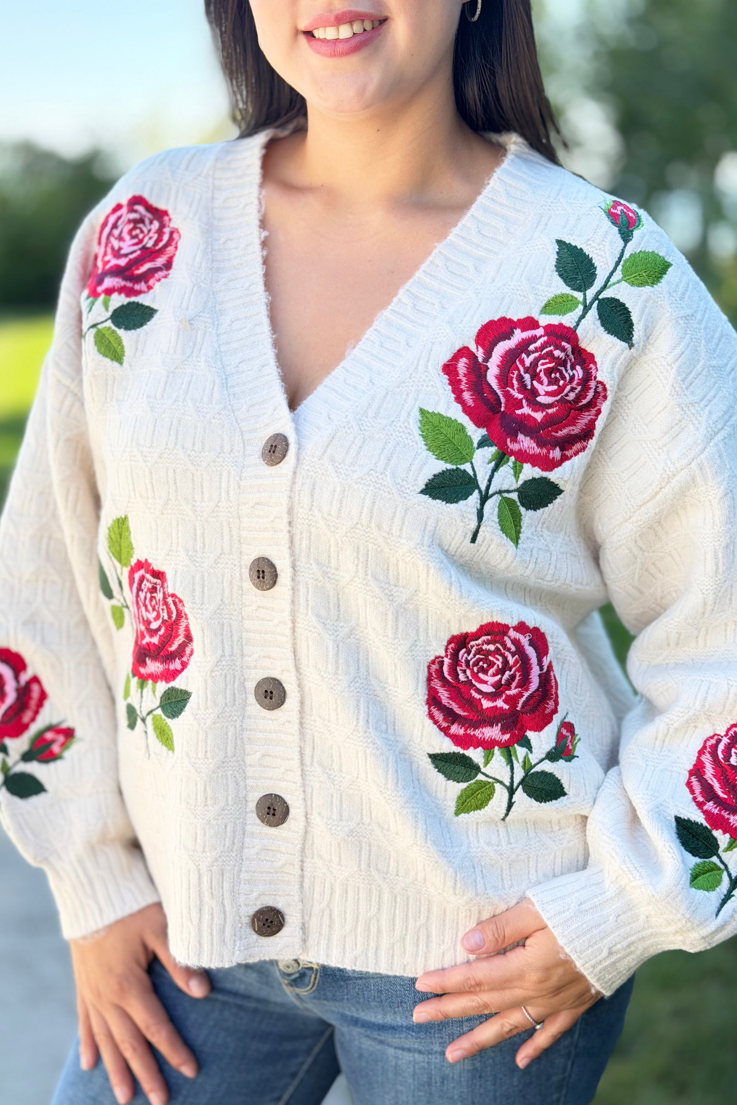 Elegant Rose Embroidered Cardigan