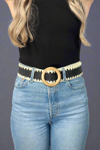 Whipstitch Raffia Belt Round Buckle Black