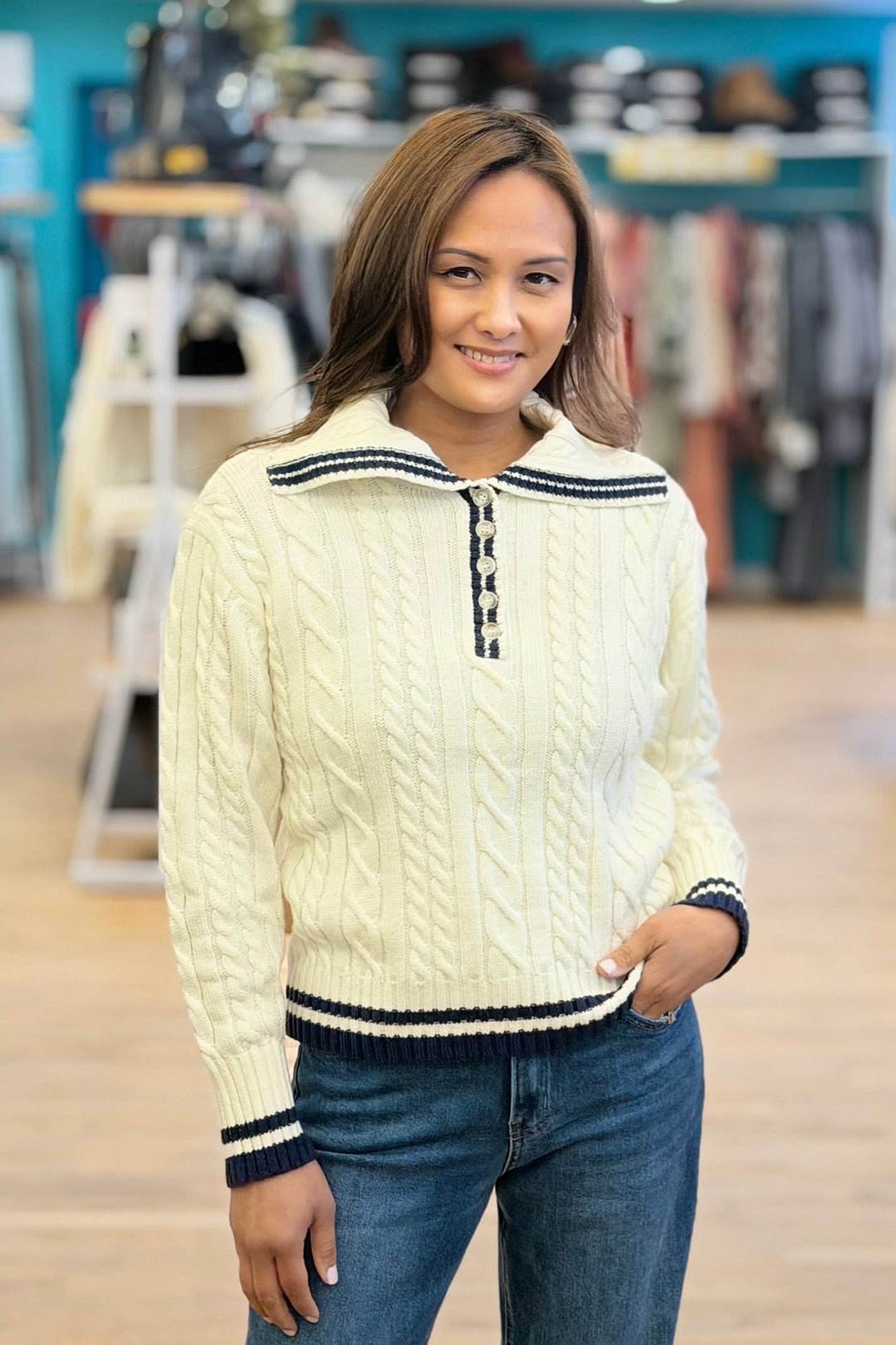 Sailor Collar Cable Sweater - Cream