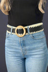 Whipstitch Raffia Belt Round Buckle Black
