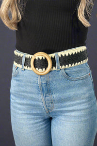 Whipstitch Raffia Belt Round Buckle Black