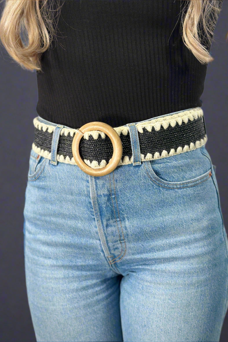 Whipstitch Raffia Belt Round Buckle Black