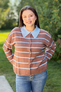 Button Down Striped Sweater - Mocha