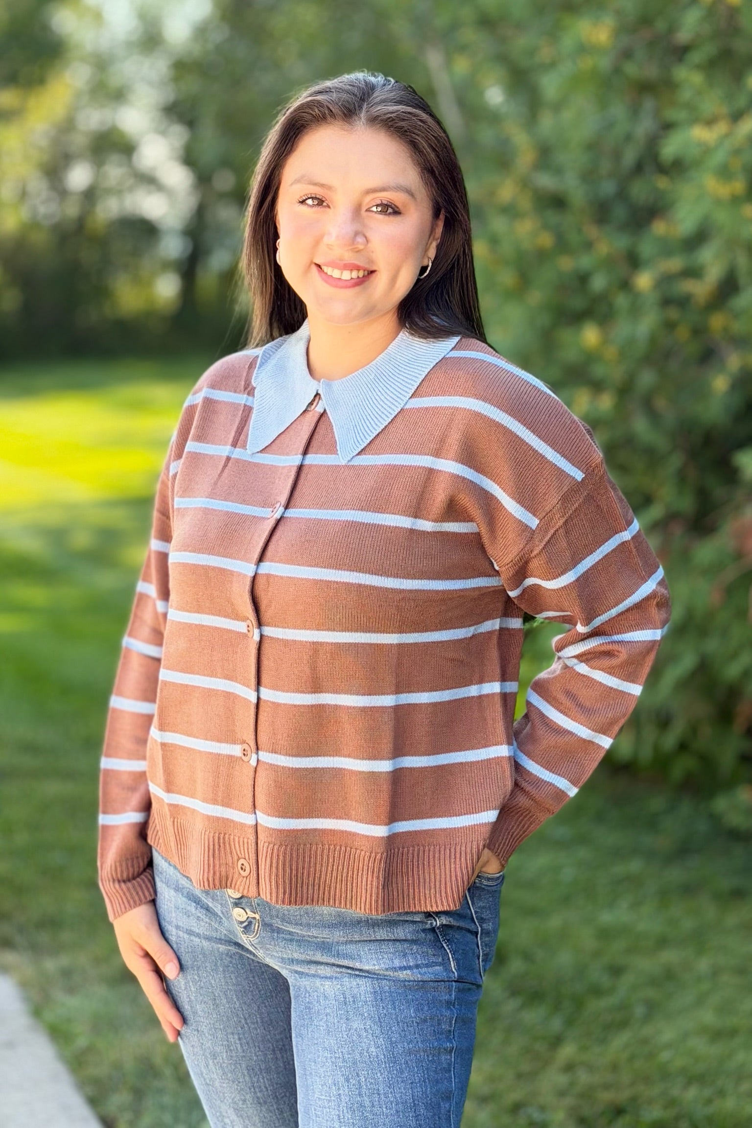 Button Down Striped Sweater - Mocha
