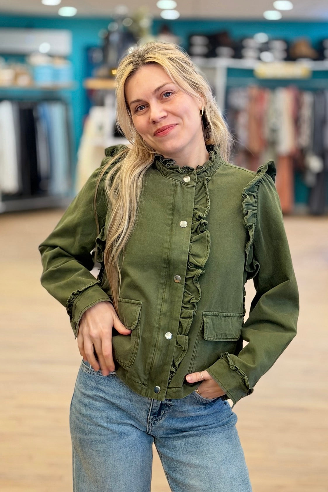 Ruffle Detail Jacket - Olive