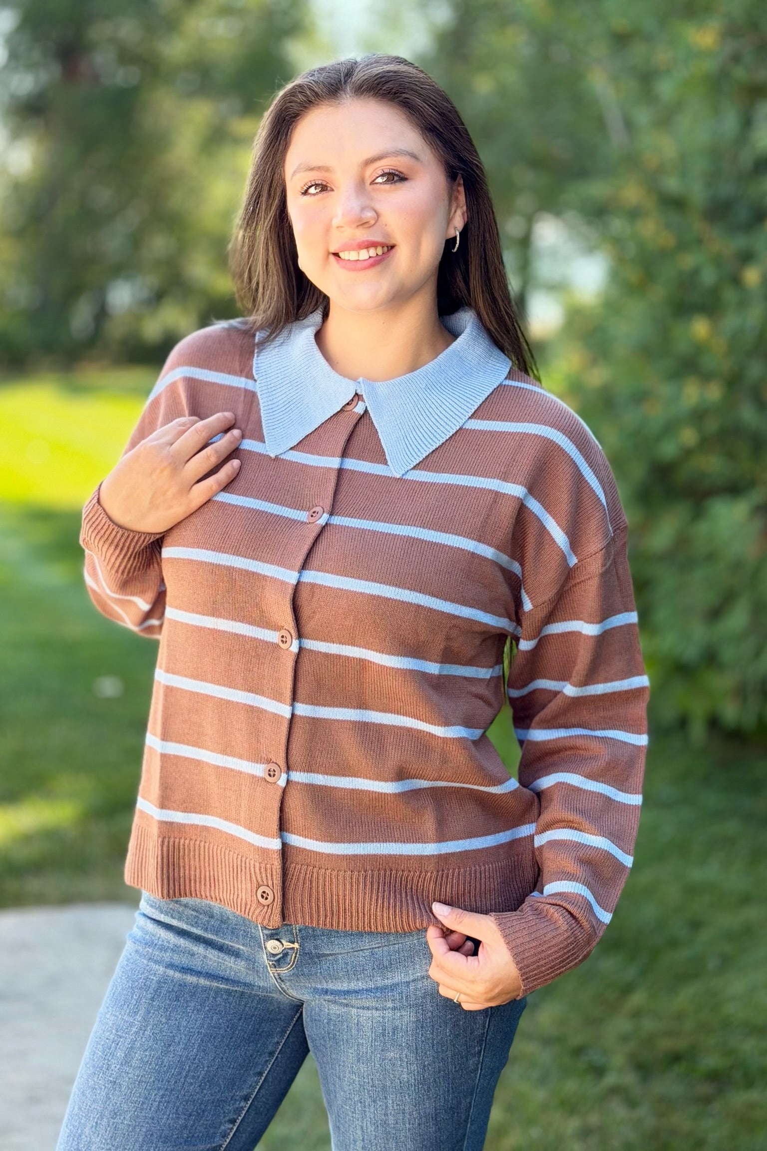 Button Down Striped Sweater - Mocha
