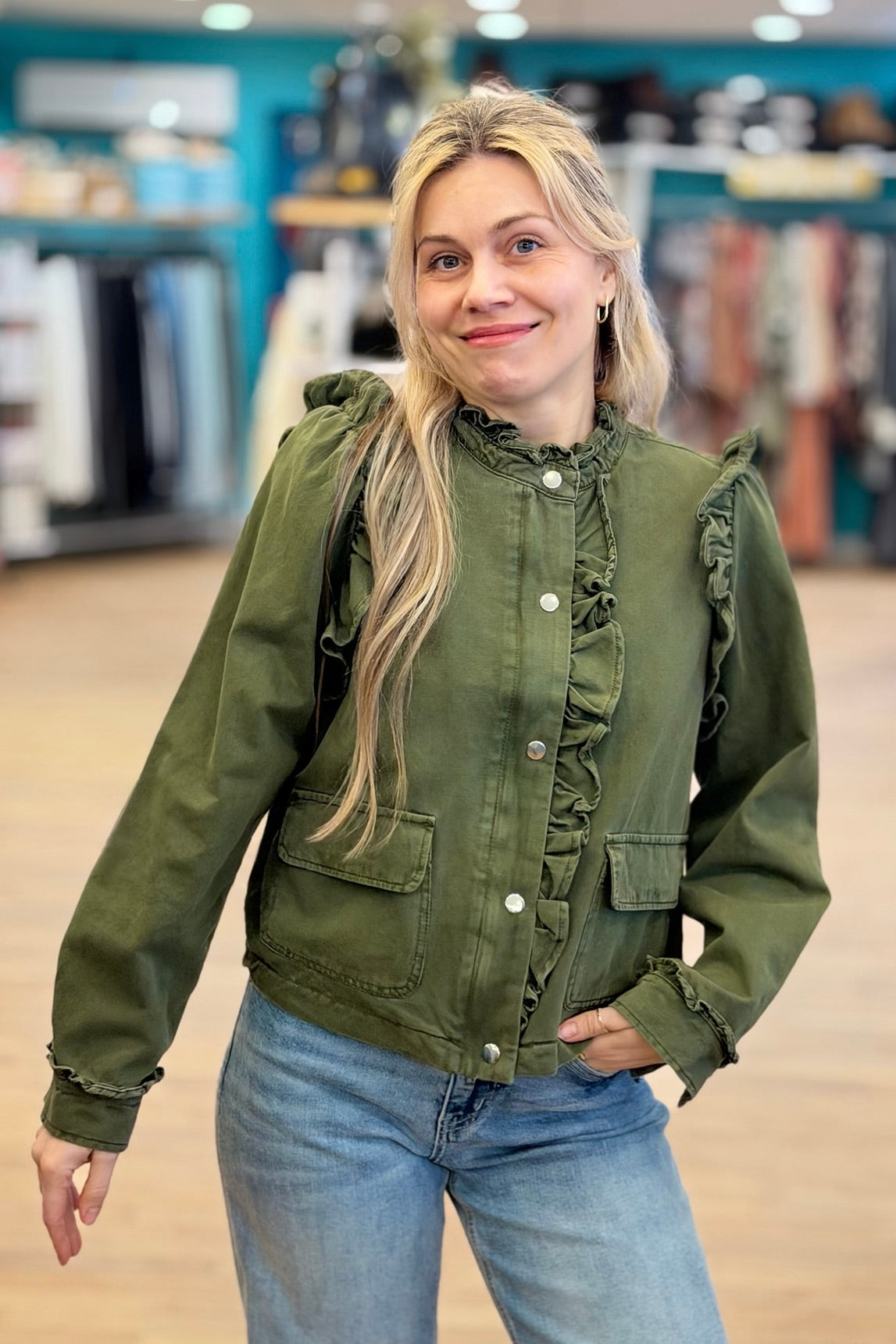 Ruffle Detail Jacket - Olive