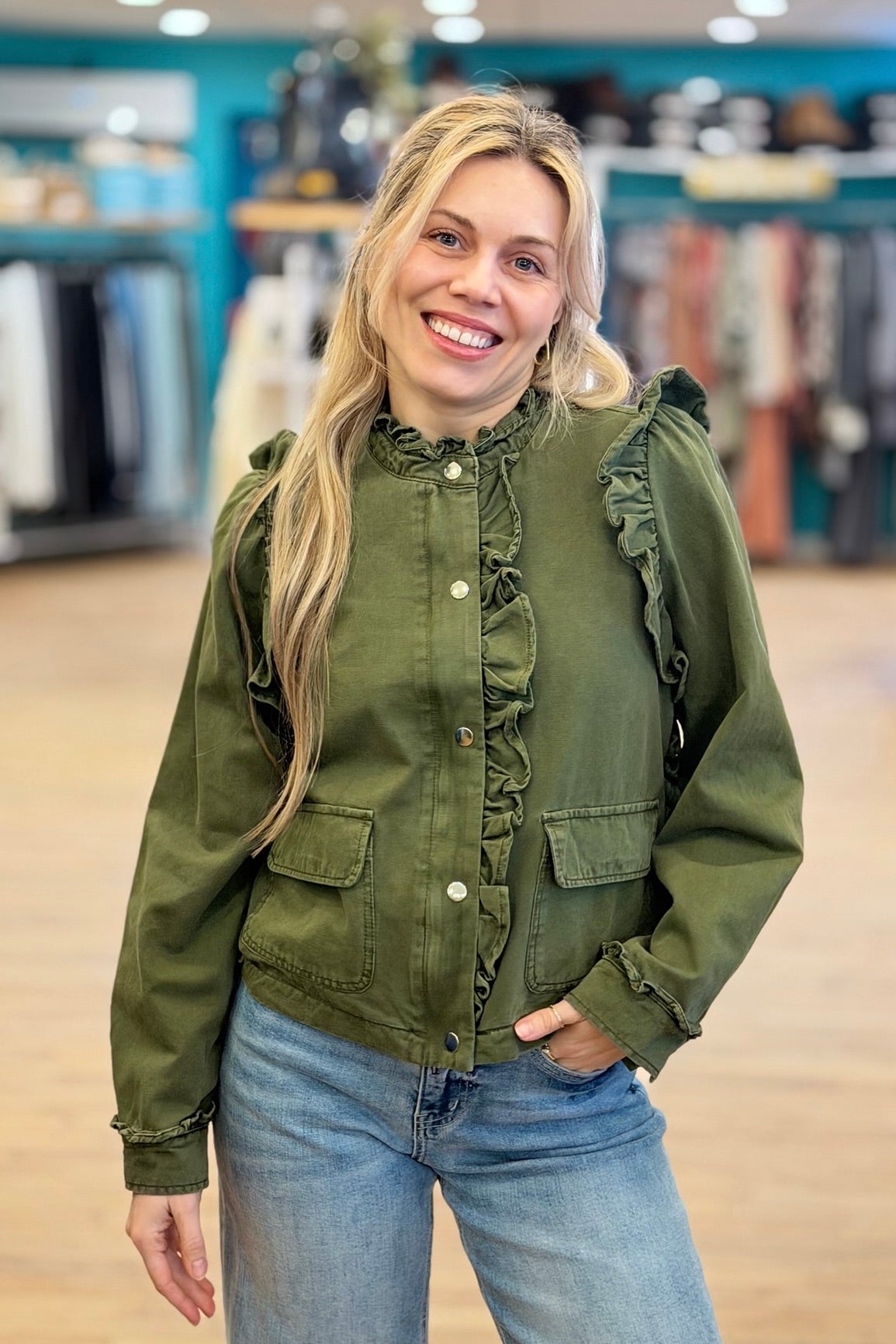 Ruffle Detail Jacket - Olive