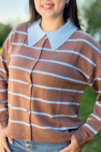Button Down Striped Sweater - Mocha